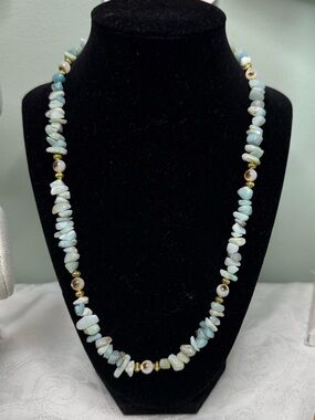 20” Hand Crafted Amazonite Gemstone Chip and Black Lip Pearl Necklace